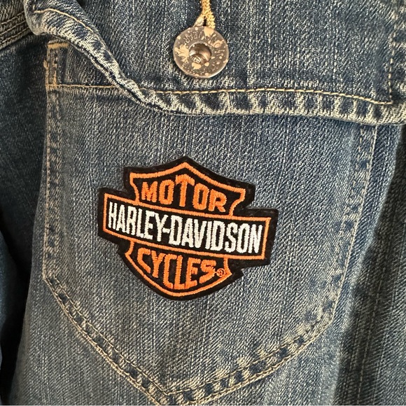 Vintage XL fleece lined denim jacket with custom Route 66 and Harley patches - Picture 6 of 13